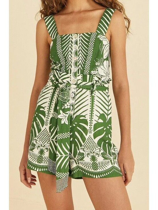 Farm Rio Pants - Farm Rio Macaw Elegance Women's XL Off-White Green Belted Romper Likenew #729